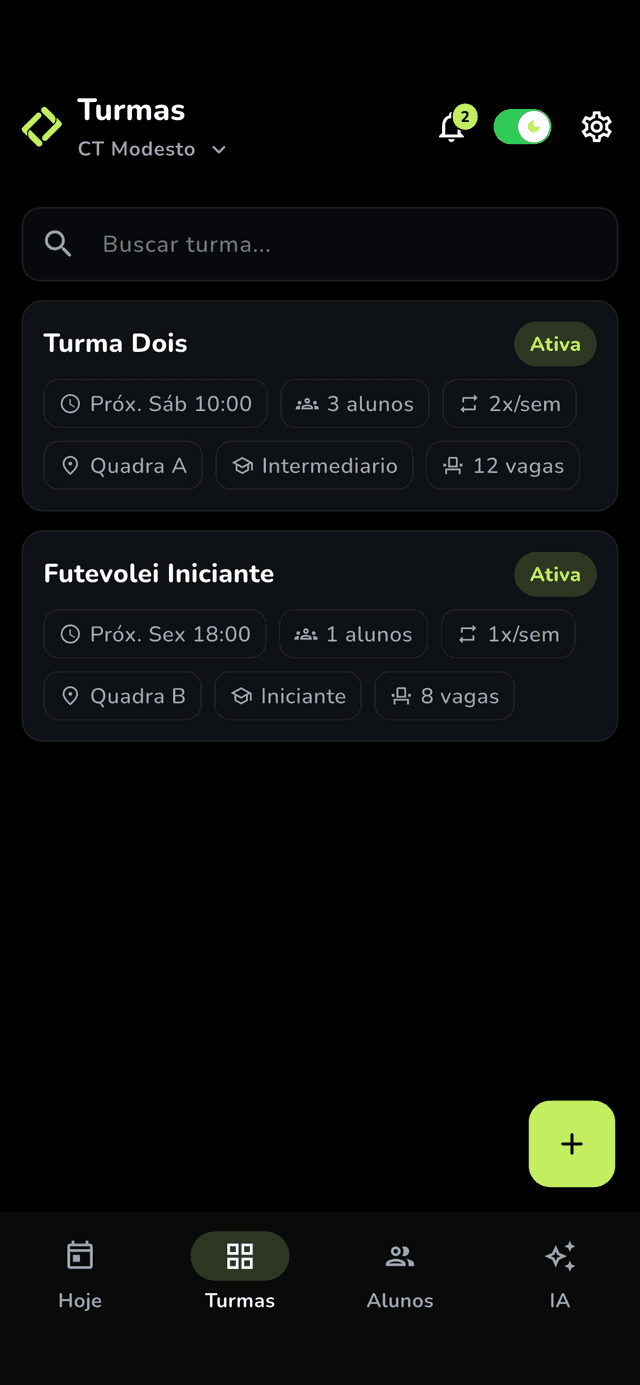 Tela do Fitblox mostrando a lista de turmas