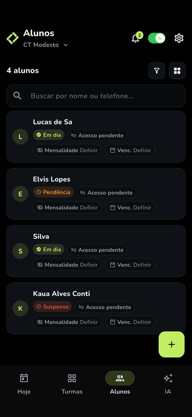 Tela do Fitblox mostrando a lista de alunos