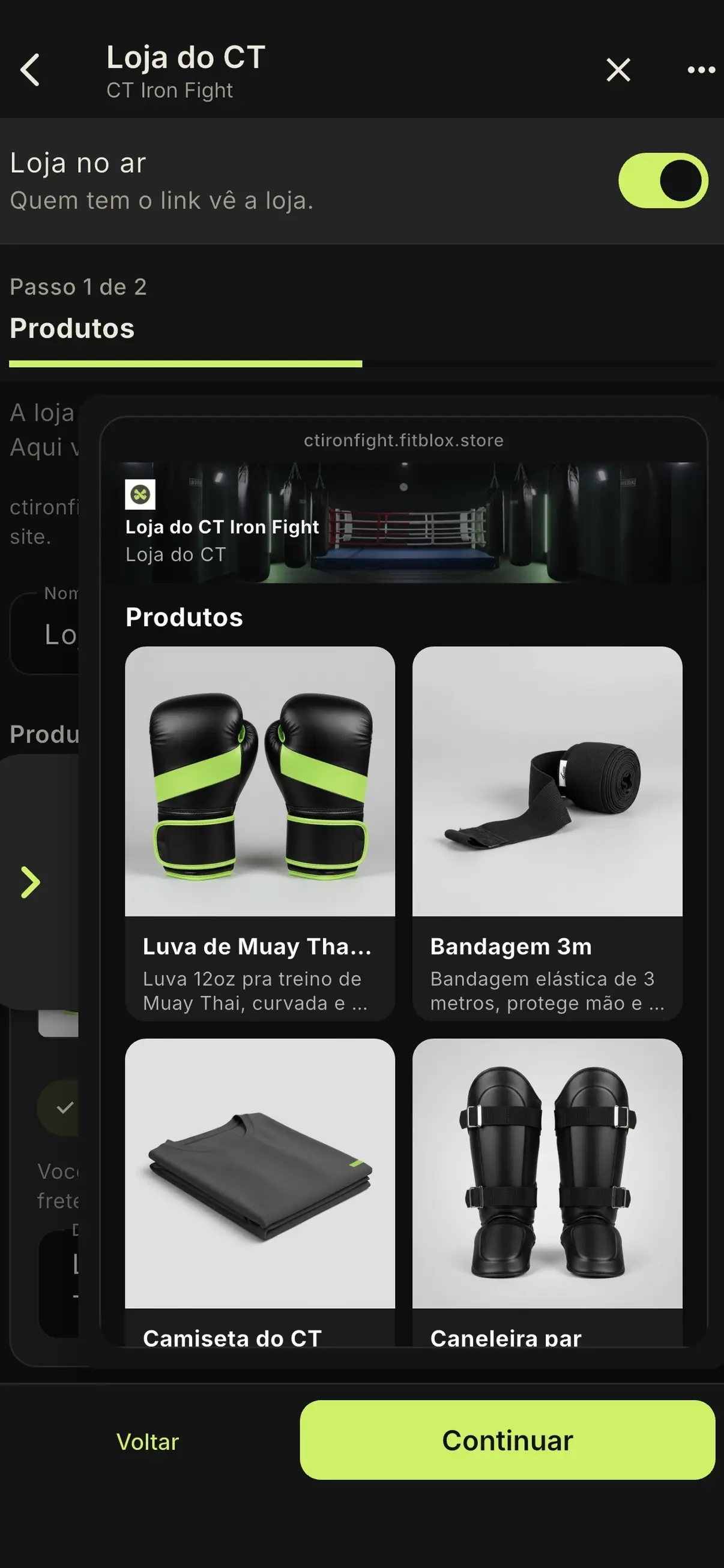Loja do CT Iron Fight no app, com a vitrine ctironfight.fitblox.store e os produtos no ar