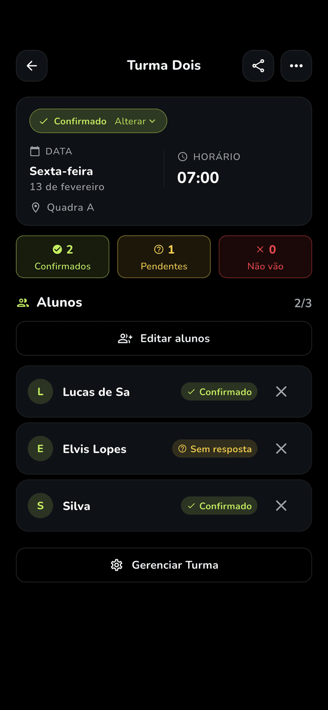 Tela do Fitblox mostrando detalhe da aula e presença