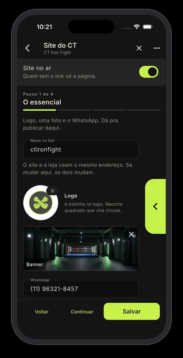 Primeiro passo do site do CT no app, com o campo de endereço, a logo, o banner e o WhatsApp preenchidos.