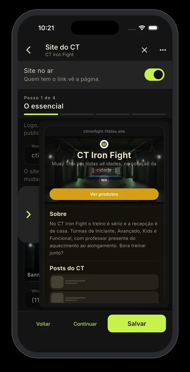 Prévia do site do CT aberta sobre o formulário, mostrando a página com logo, banner e o texto sobre o CT.