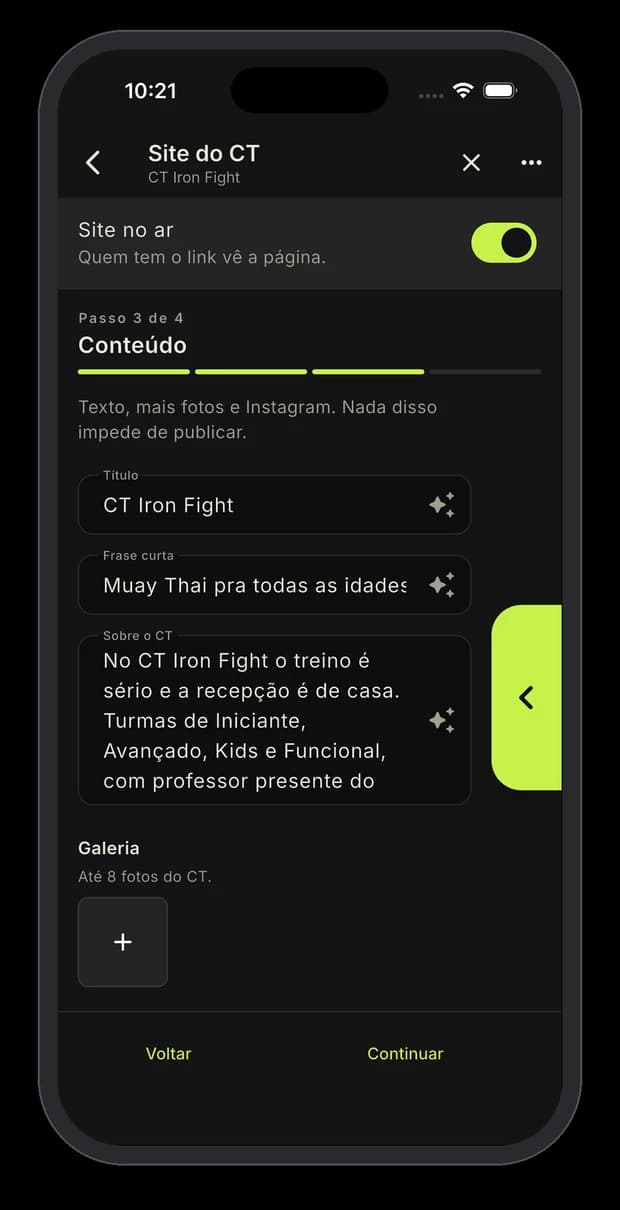 Terceiro passo do site do CT, com título, frase curta, texto sobre o CT e a galeria de fotos.